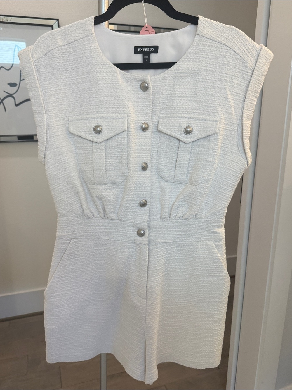 Express Ivory Textured Mini Dress with Button Front Romper